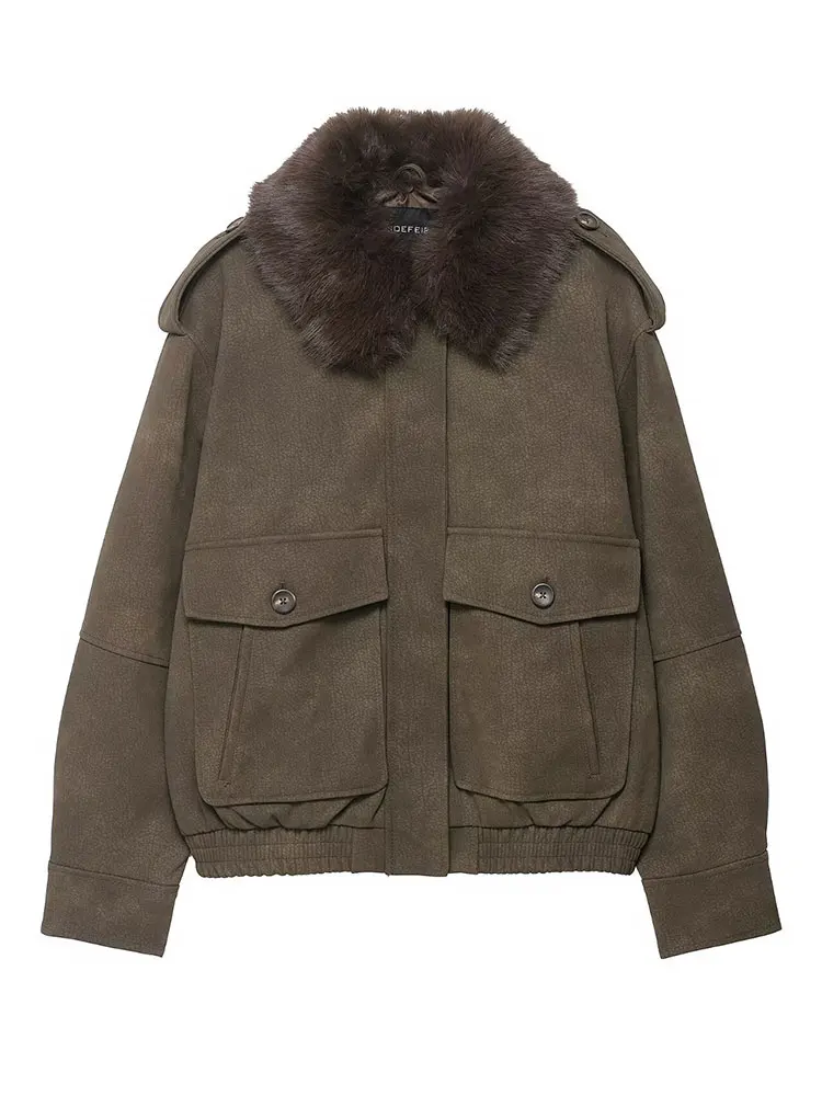 HH Women Fashion Faux Fur Lapel Coats Vintage Solid Long Sleeve Zipper Jackets With Pockets Autumn Winter Casual Warm Outwear