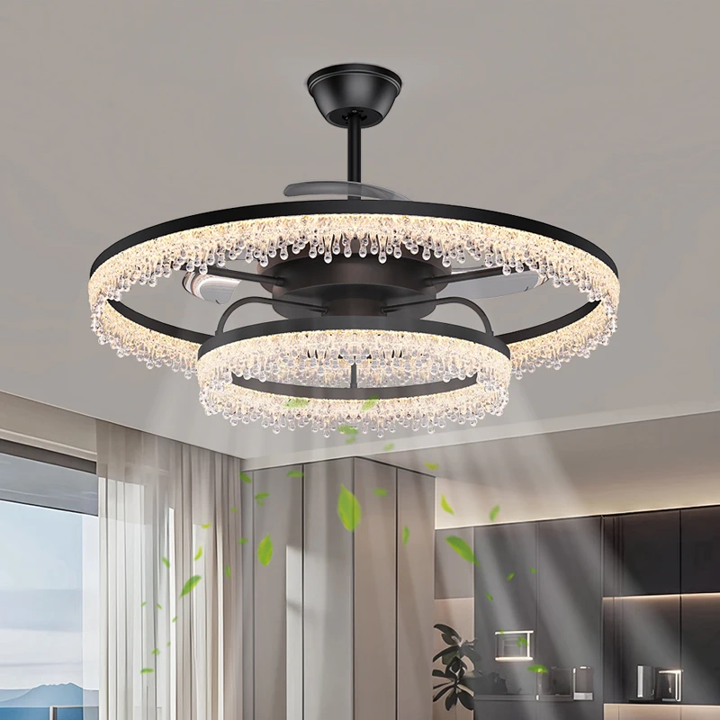 Modern Black Ceiling Fans with LED Light for Bedroom Living Room Dining Room Round Home Ceiling Electric Fan Lamp Light Fixtures