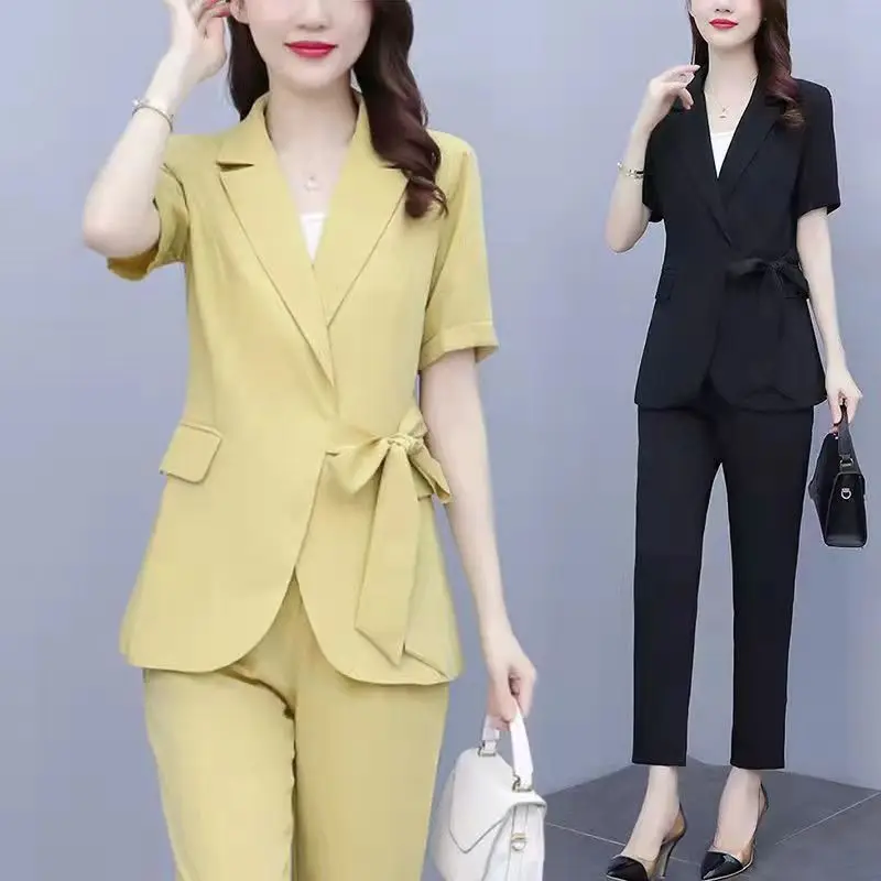 

Women's Summer Casual Blazers Jacket Two Piece 2023 New Chic Thin Suit Pants Suit Korean Elegant Matching Set Female Clothing