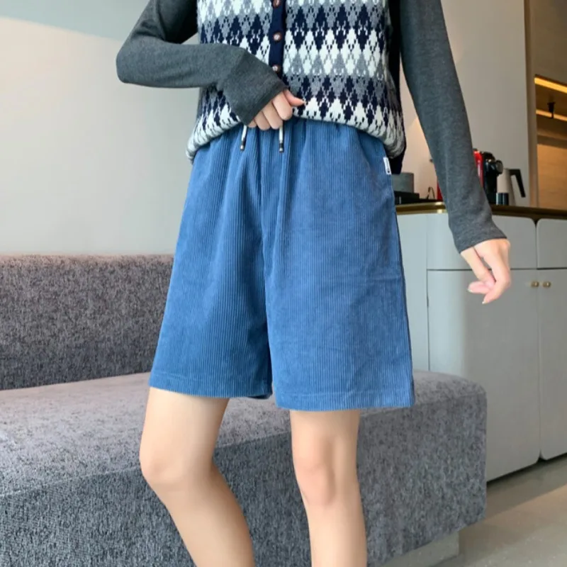 

Шорты женские вельветовые с эластичным поясом, повседневные универсальные спортивные штаны в Корейском стиле, с завышенной талией, с завязками, для студентов