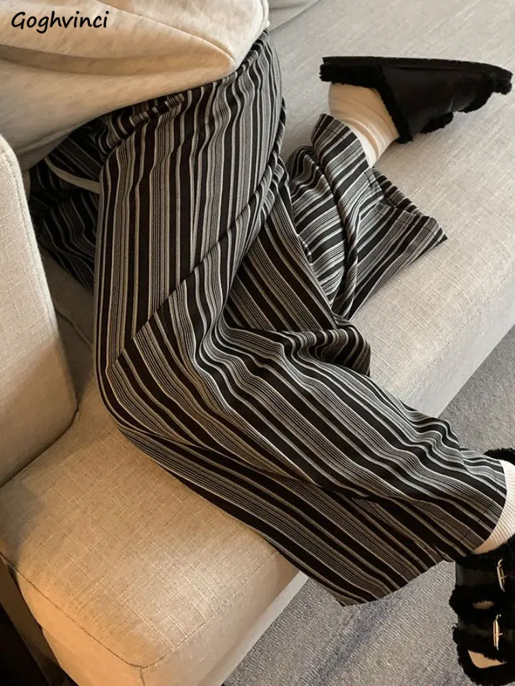 

Striped Pants Women Autumn Floor Length High Waist Straight All-match Fashion Girls Graceful Stylish Korean Style Loose Chic Ins