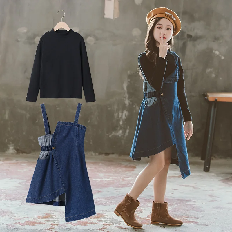 

2023 Korean Spring Autumn Children 2-Piece Sets Girl O-neck Undershirt+Kids Irregular Denim Strap Dress Sets For Girl 2 Pieces