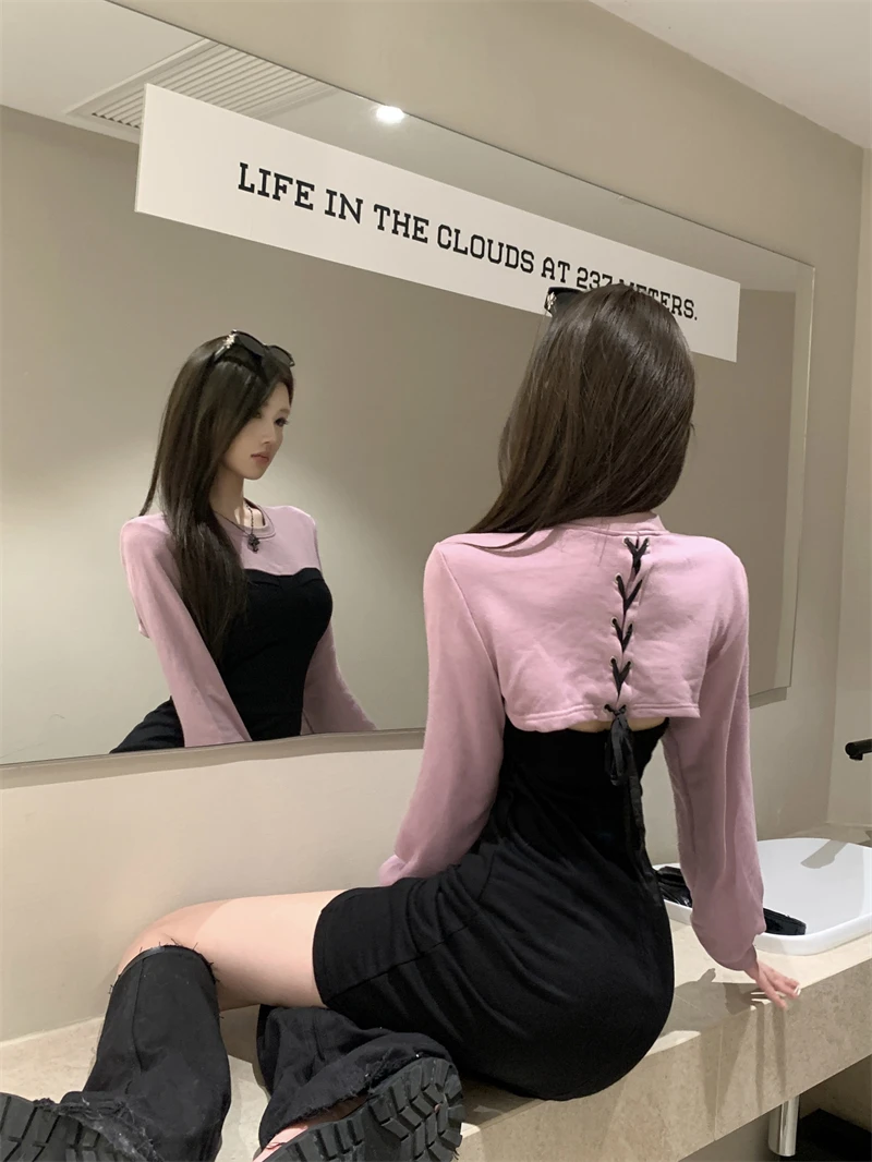 Sexy Patchwork Mini Dresses Women Long Sleeve Bodycon Lace-up Hollow Out Y2K Club Party Dress Korean Fashion Autumn New Vestidos