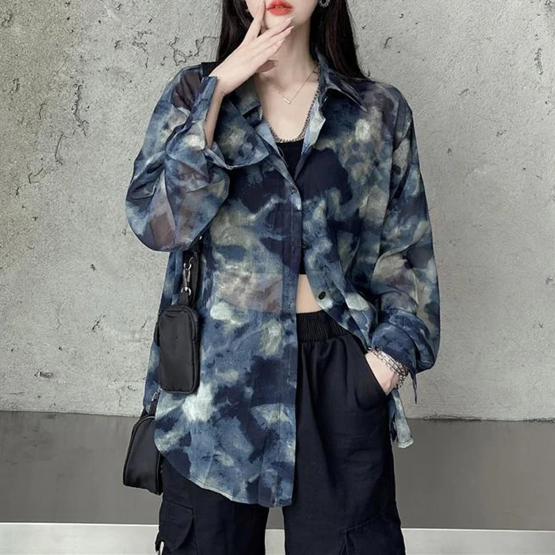 2023 New Summer Fashionable Tie Dyed Polo Collar Button Cardigan Loose Relaxed Long Sleeve Sunscreen Versatile Women's Shirt