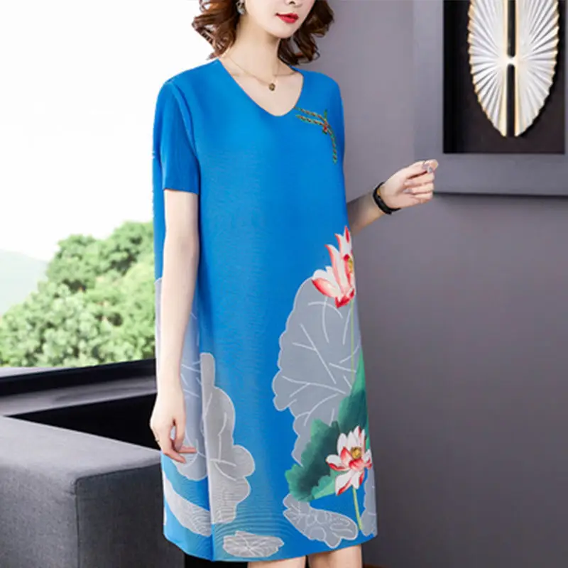 

Dress Female 2023 Summer New Fold Printing Casual Large Slim Loose Terminal round neck Short Sleeve Long Sleeve Dress Tops