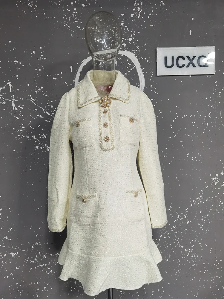 Elegant Short Dress European Style Tweed Lapel Beading Button Long Sleeve Fashion Dresses For Women 2025 Spring Summer 9896