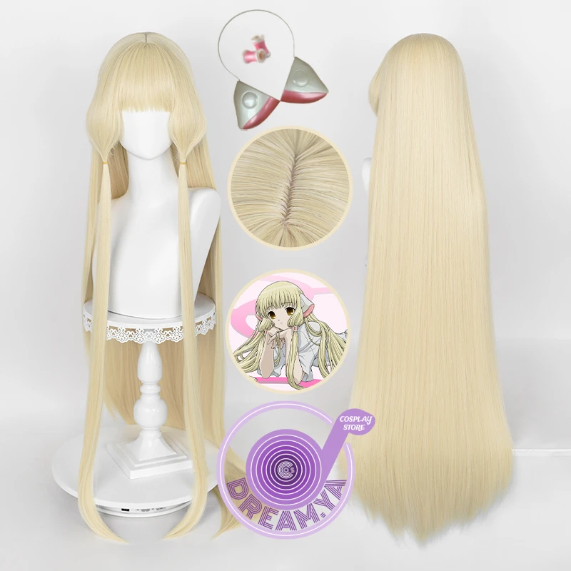 

Anime Chobits Chi Cosplay Wig Light Blonde 120cm Long Straight Heat Resistant Synthetic Hair Halloween Role Play + Wig Cap