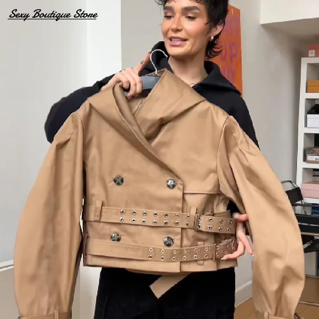 Chic Punk Trench Coat For Women Full Sleeve Loose Hooded Crop Coat Lapel Bat Sleeve Long Coats 2025 New Lady Y2k Fall Outwears 2