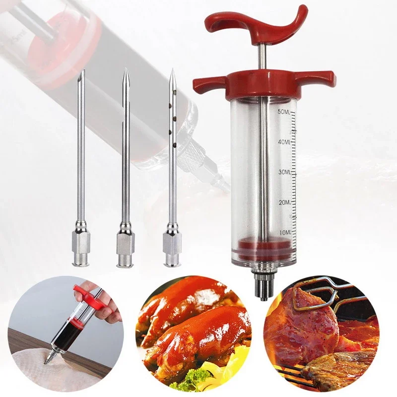 Flavor Needle BBQ Meat Syringe Marinade Injector Pork Steak Meat Sauces Syringes with 3
