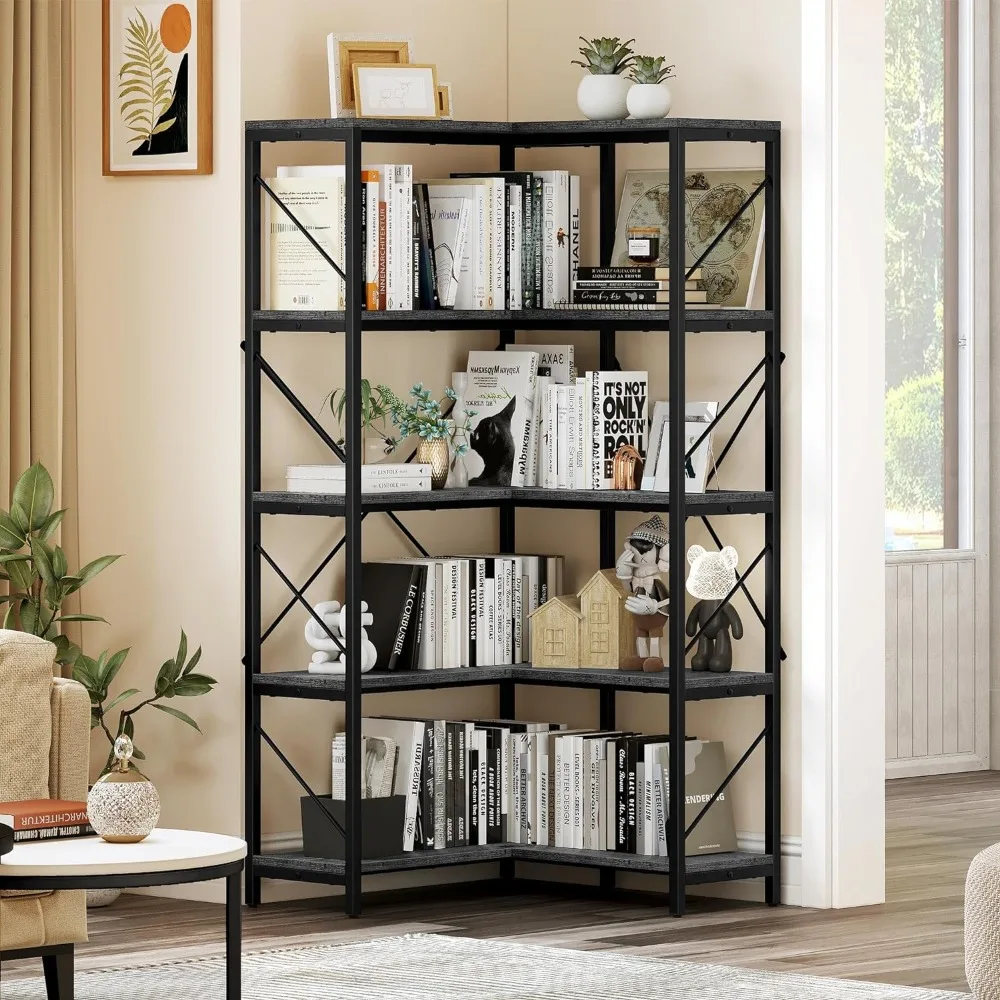 

YITAHOME Corner Bookshelf, Industrial Corner Shelf 5 Tier Bookcase, Large Display Rack Storage for Bedroom, Living Room