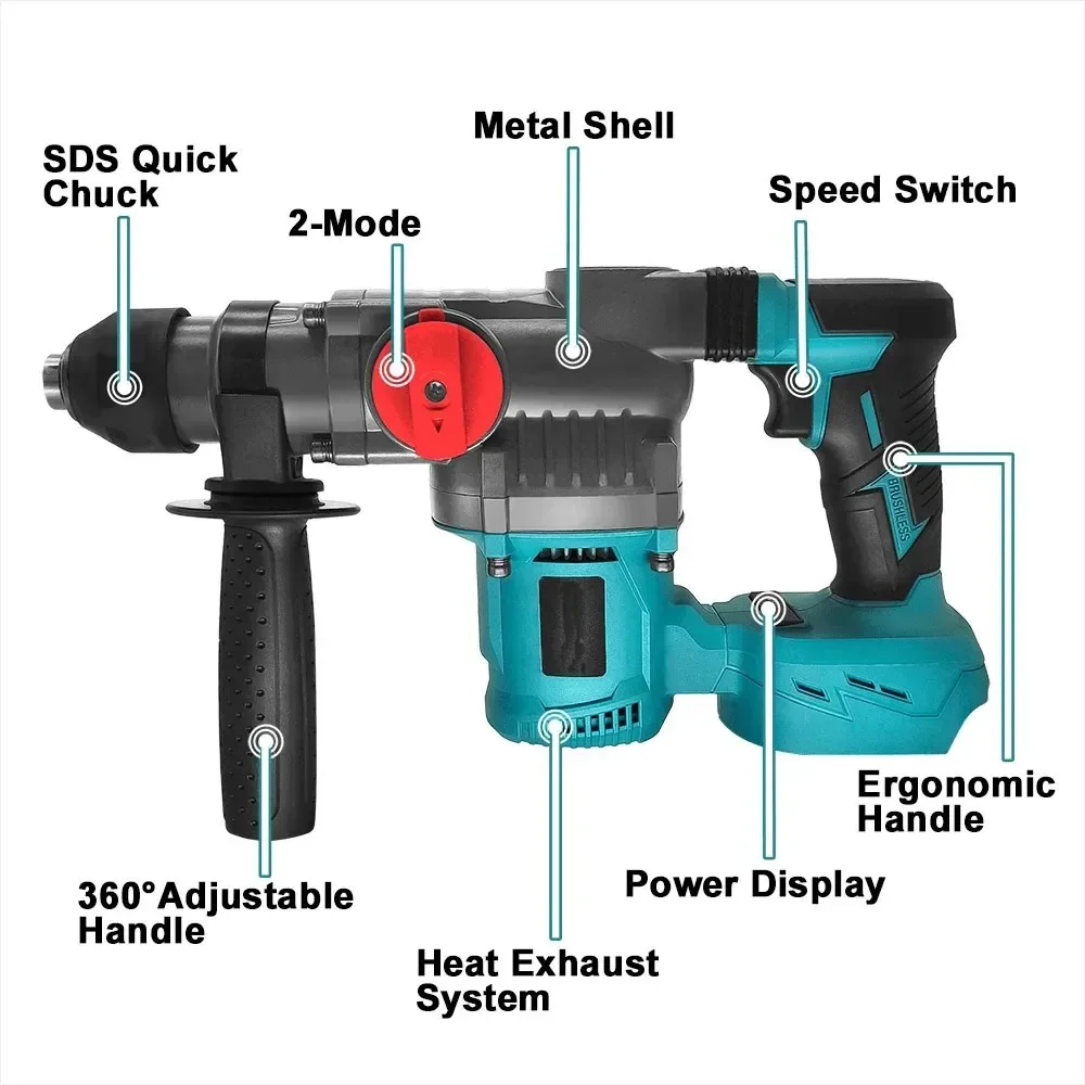 26mm Brushless Electric Impact Hammer Drill 2-Mode Rotary Hammer Multifunctional Cordless Power Tools Fit Makita 18V Battery 3
