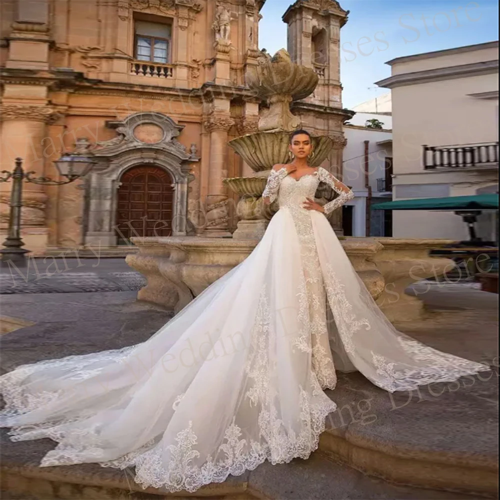 

Exquisite Sexy Sweetheart Mermaid Wedding Dresses Simple Long Sleeve Illusion Lace Appliques Bride Gowns With Detachable Train