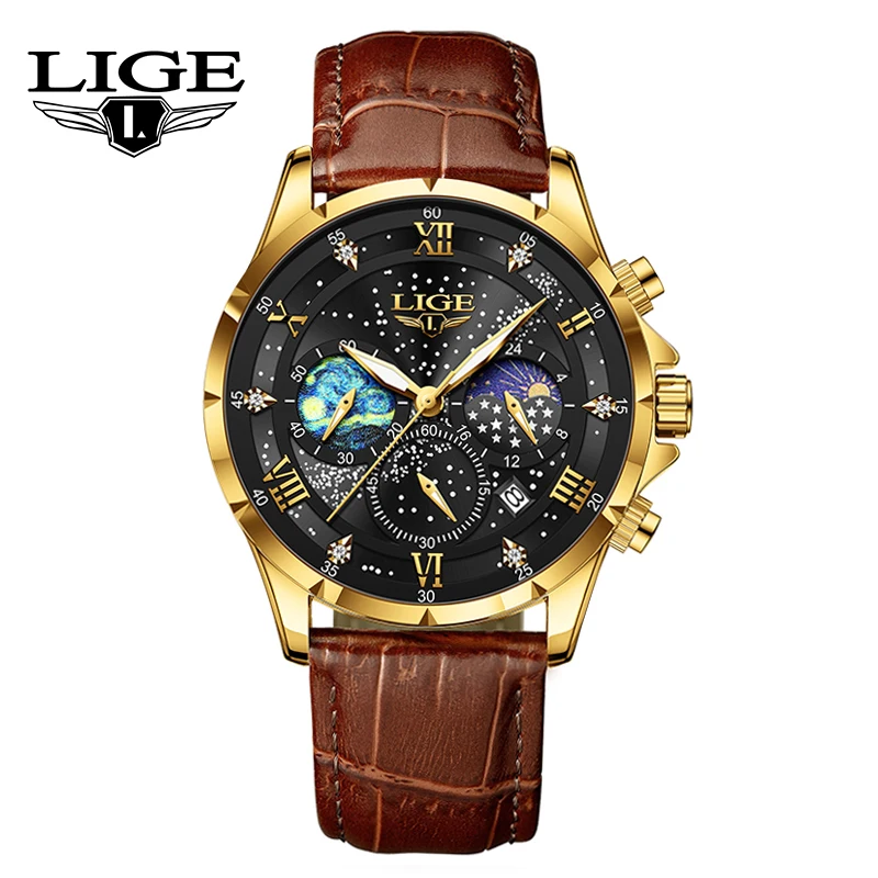 LIGE Luxury Snowflake Dial Design Men Quartz Watches Luxury Gold Business Leather Straps Chronograph 3C Nigth Lume Watch For Men