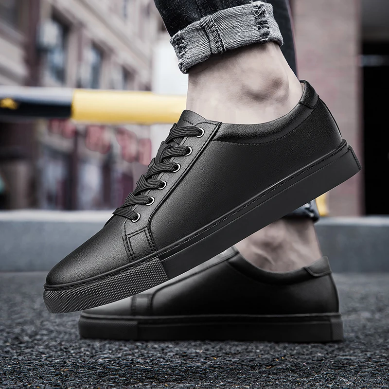 Handmade Black Leather Casual Sneakers - Mens Autumn Flats