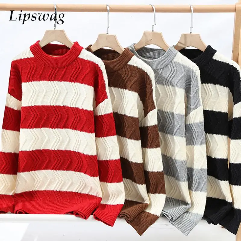 

All-match Fashion Long Sleeve Sweater For Men Autumn Winter Casual Striped Jacquard Knitted Tops Vintage Mens Knitting Sweaters