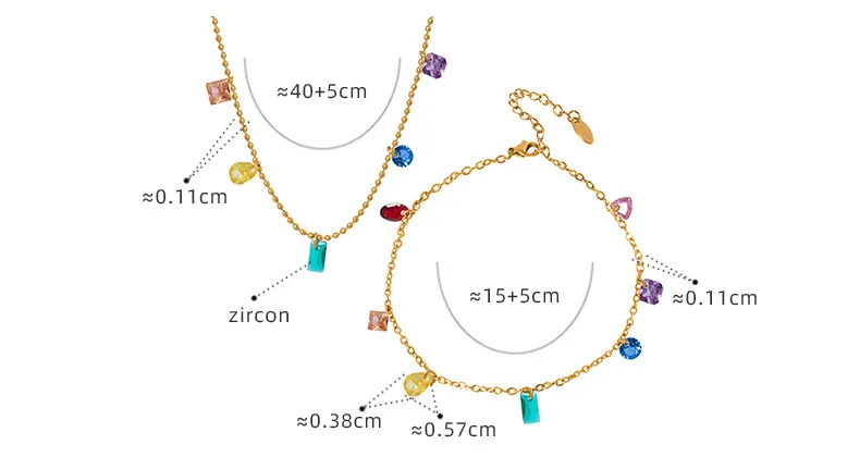 Leicht Luxuriöses Modisches Halsketten-Armband-Set Regenbogen-Zirkon Farbloses Damen Edelstahl-Schmuckset – Detail 2