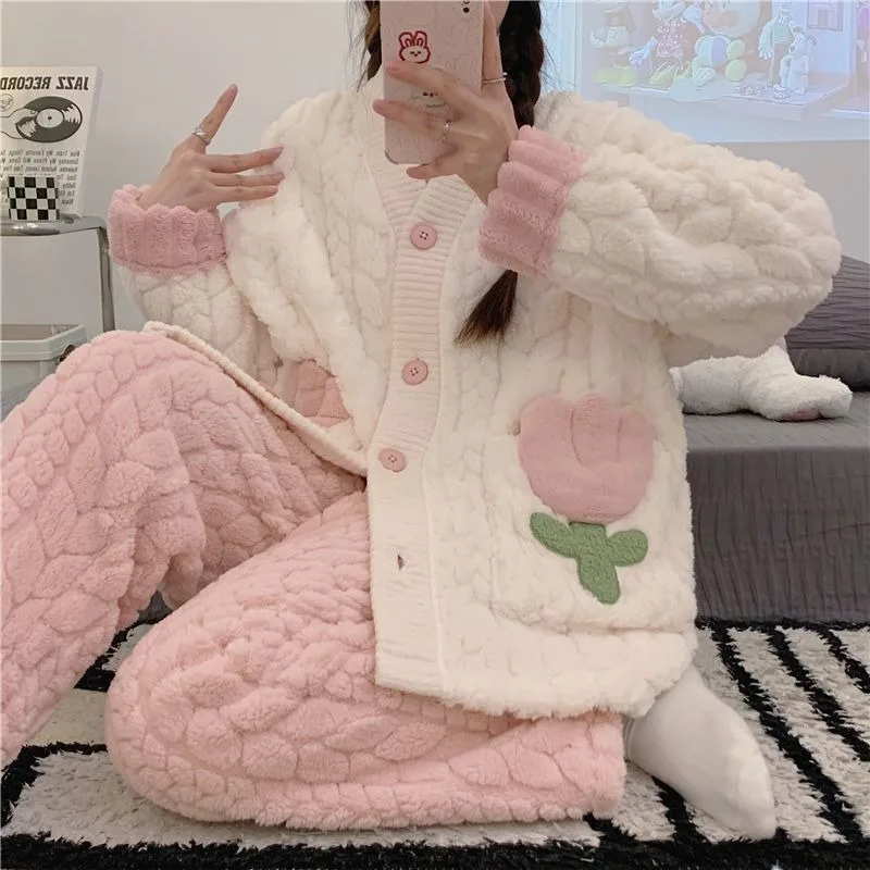 2023 New Pajama Women's Autumn and Winter Loungewear Coral Velvet Tulips Plush and Thick Sleepwear Flannel Winter Homewear Set