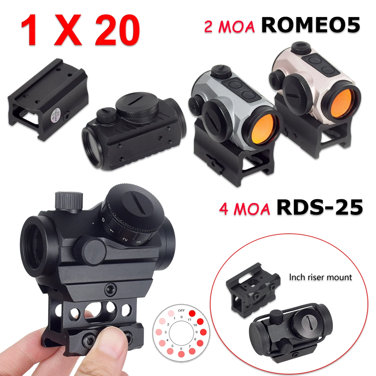 

Airsoft ROMEO5 1x20 2MOA Red Dot Reflex Sight Scope 4MOA RDS-25 Holographic With UNIT Riser Mount AR15 M4 M16 AK47 Riflescope