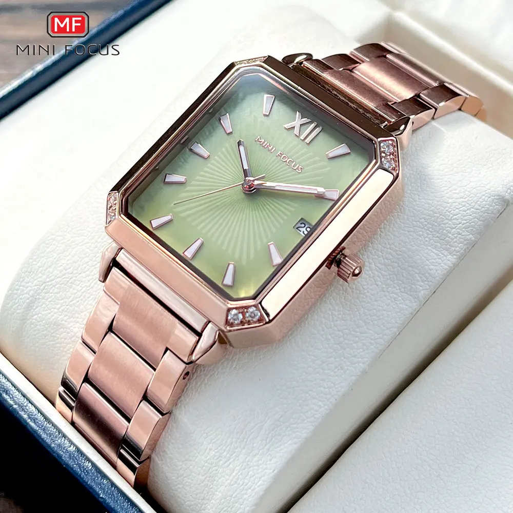 MINI FOCUS Square Dial Quartz Watch Women Fashion Analog Wristwatch with  Luminous Hands Date Rose Gold Stainless Steel Band 0472