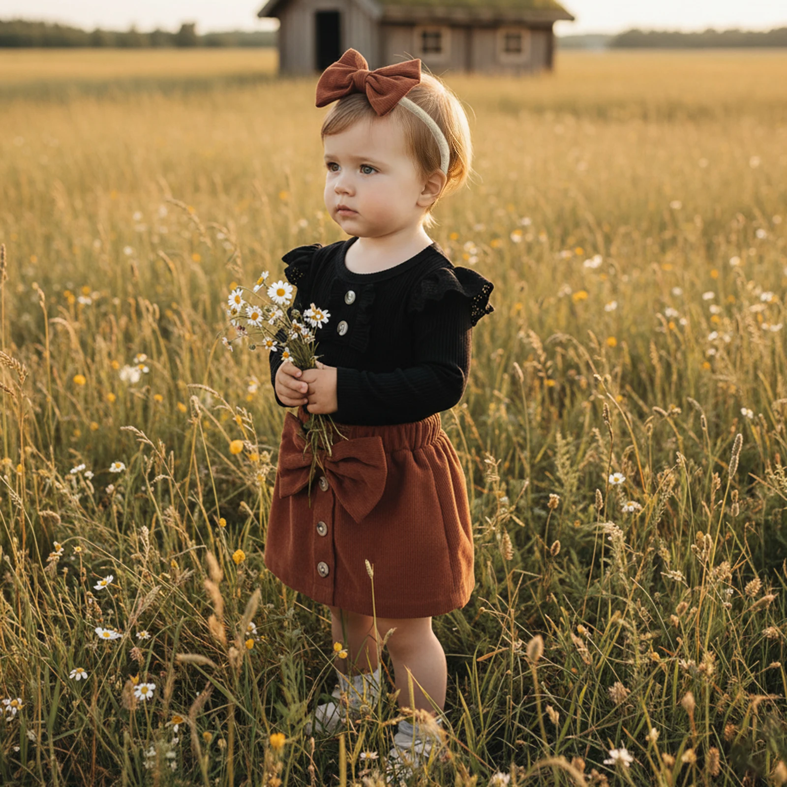 Baby Girls 3-piece Outfit, Long Sleeve Romper with Mini Skirt Bowknot Headband Fall Outfit 1