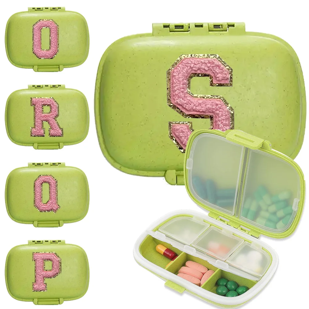 

Portable Daily Medicine Storage Pill Box with 8 Compartments Horizontal Medicine Storage Box Pink Letter Embroidered Logo