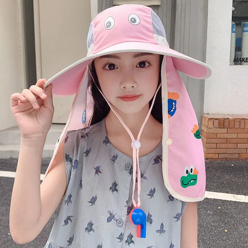 Sun Hats For Boys Girls Children Summer Outdoor Sunscreen Wide Brim Bucket Hat With Shawl Sunshade Cartoon Fisherman Cap Kids