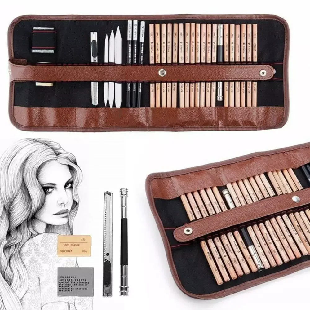 29 pcs Professional Sketch & Drawing Art Tool Kit With Graphite Pencils, Charcoal Pencils, Paper Erasable Pen, Craft Knif