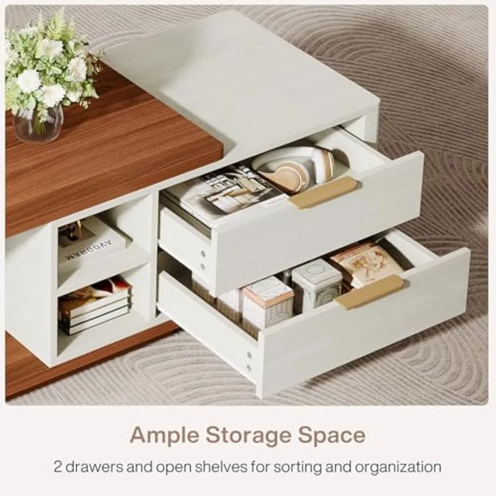 Extendable Wood Coffee Table with 2 Drawers, 43"-65" Length Adjustable Rectangular Dual-Tone Center Table with Storag 6