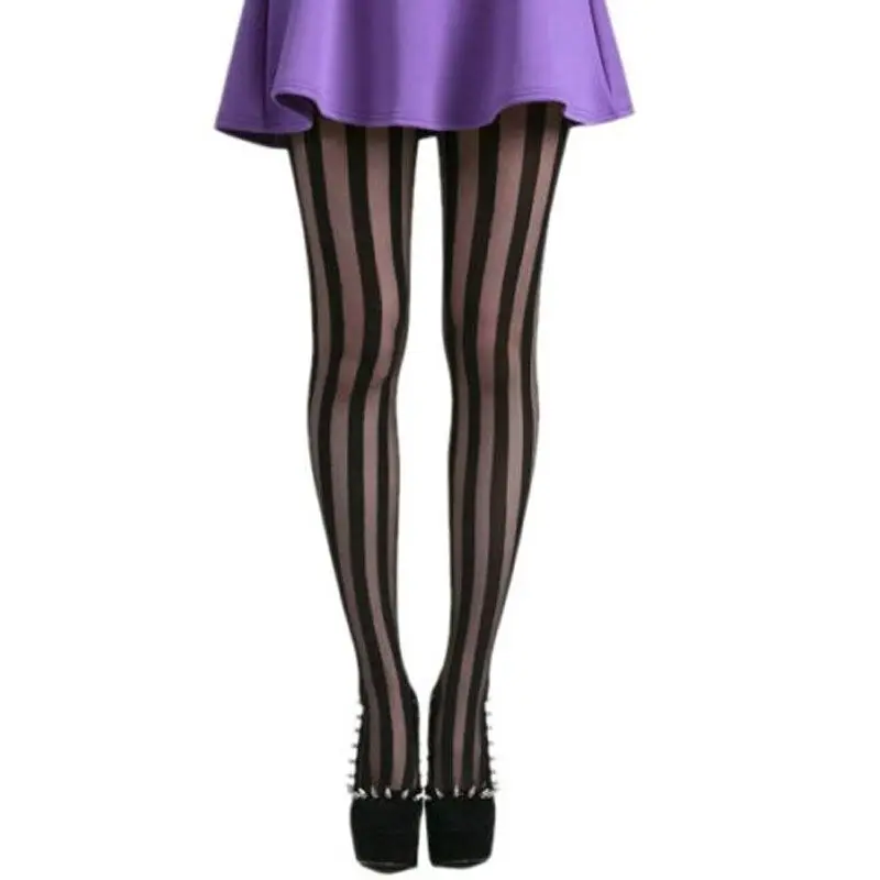 Sheer Women Girl Gothic Punk Tights Pantyhose Stockings Vertical Stripe Black