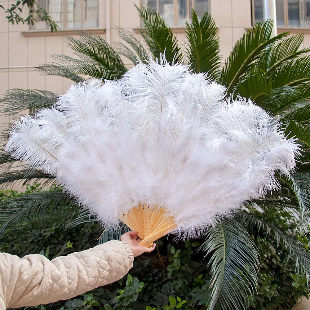 

White Natural Ostrich Feather Fan Hand Held Stages Performance Carnival Dance Show Accessory 13 Bones Folding Feathers Fan