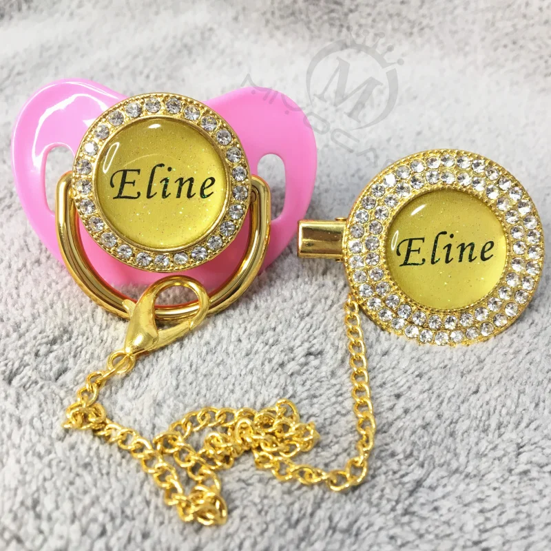 

MIYOCAR custom any glitter name photo pink bling pacifier and pacifier clip pink BPA free dummy bling glitter design P3-BG