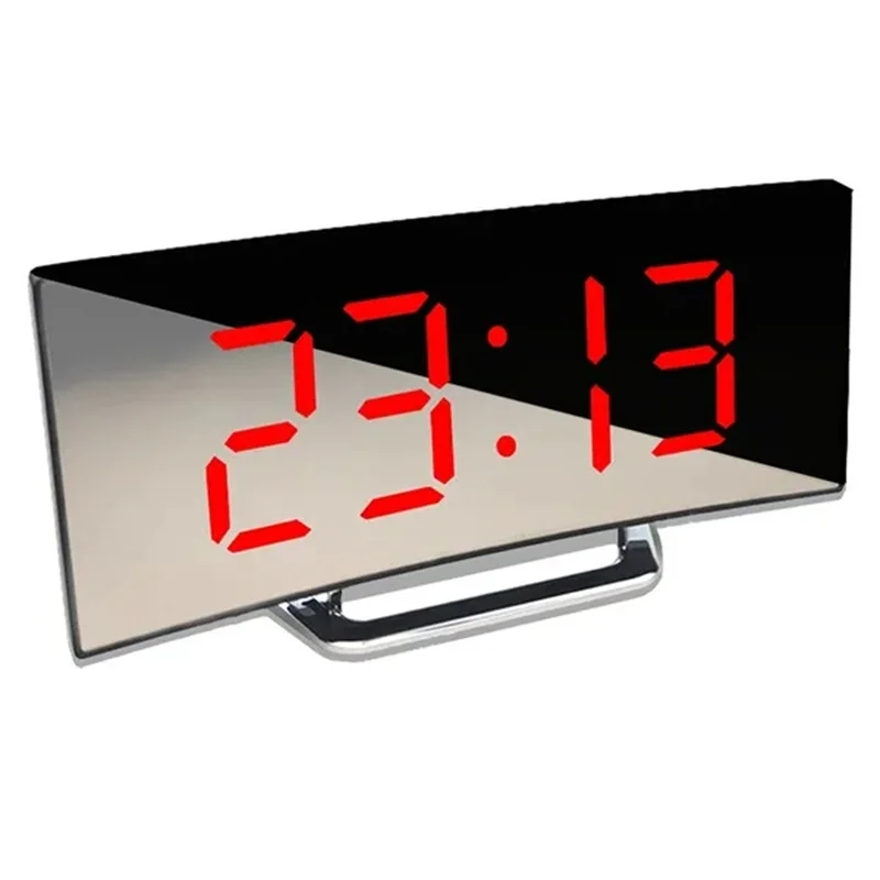 Curved Screen Mirror LED Digital Clock Creative Digital Alarm Clock with Large Display USB Charging Powered Bedside Table Clock