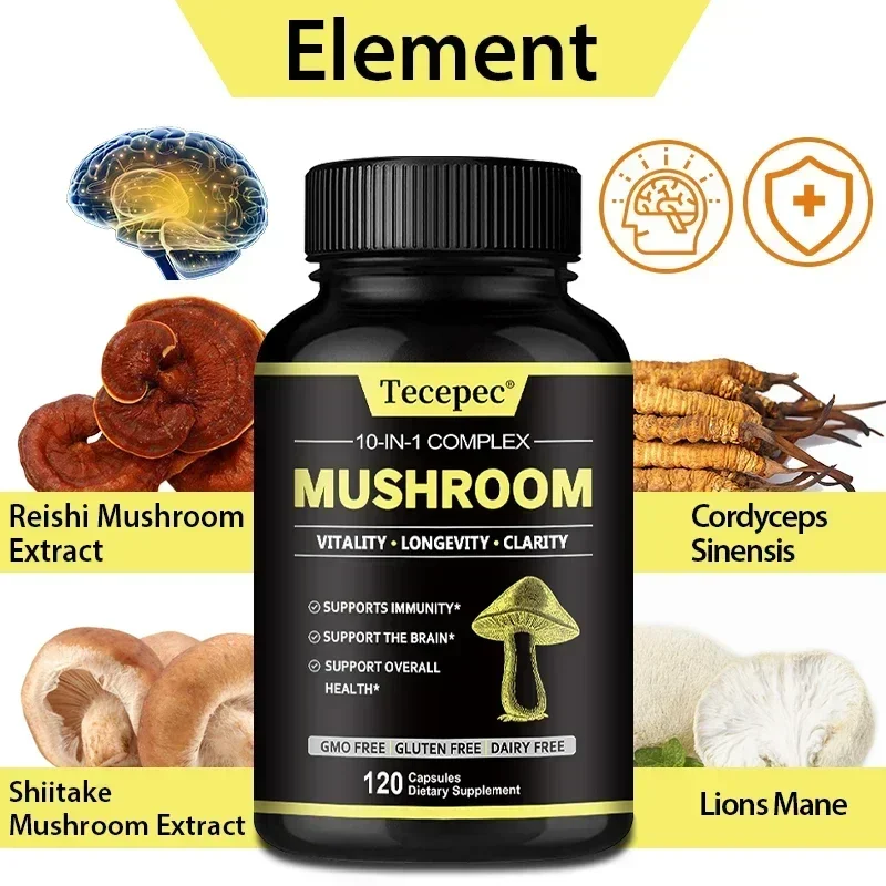 10-in-1 Mushroom Complex Lion's Mane, Reishi, helps with brain clarity and function, improves memory, concentration and thinking