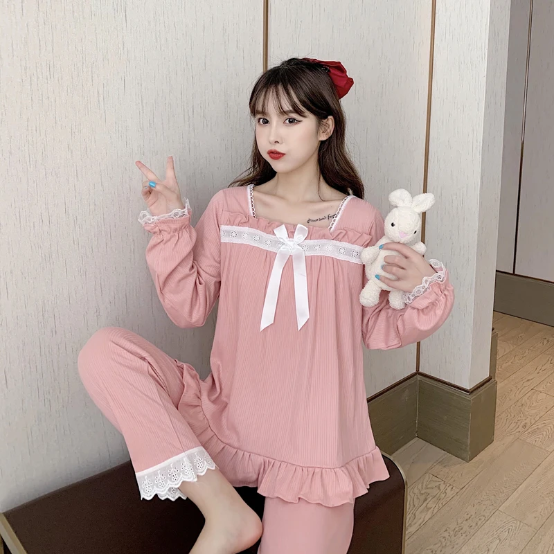 Spring and autumn new cotton pajamas women's lace lace sweet little fresh princess style long-sleeved trousers home service