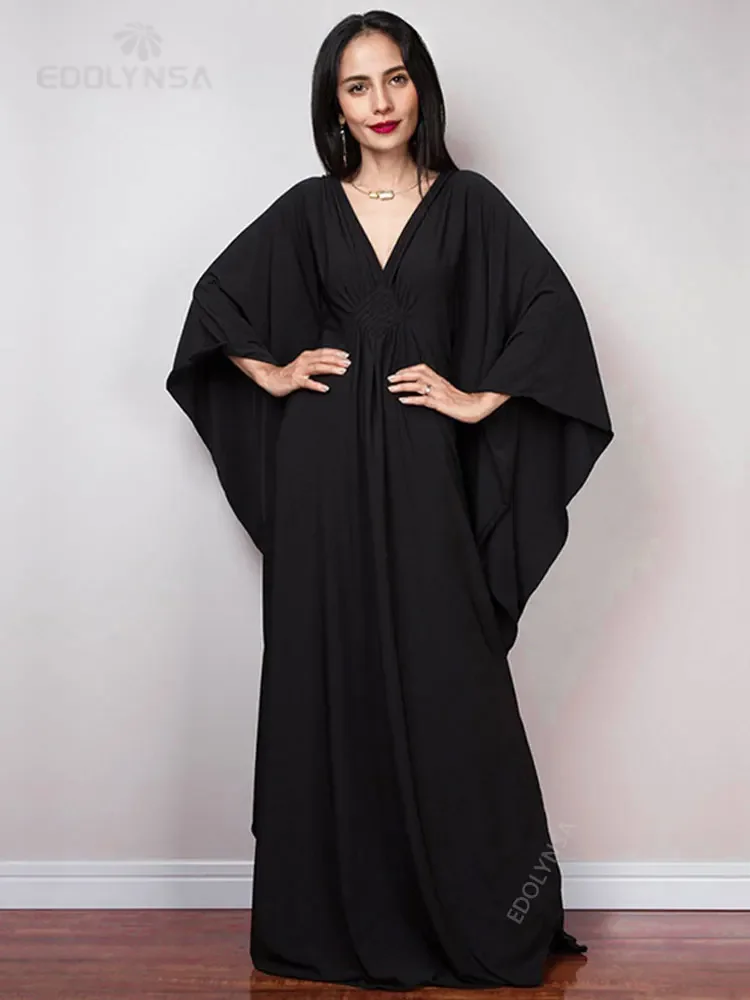 Solid V-neck Batwing Sleeve Plus Size Loose Maxi Dress For Women Summer Beach Wear Kaftan Long Bathing Suit Cover Up Q1306