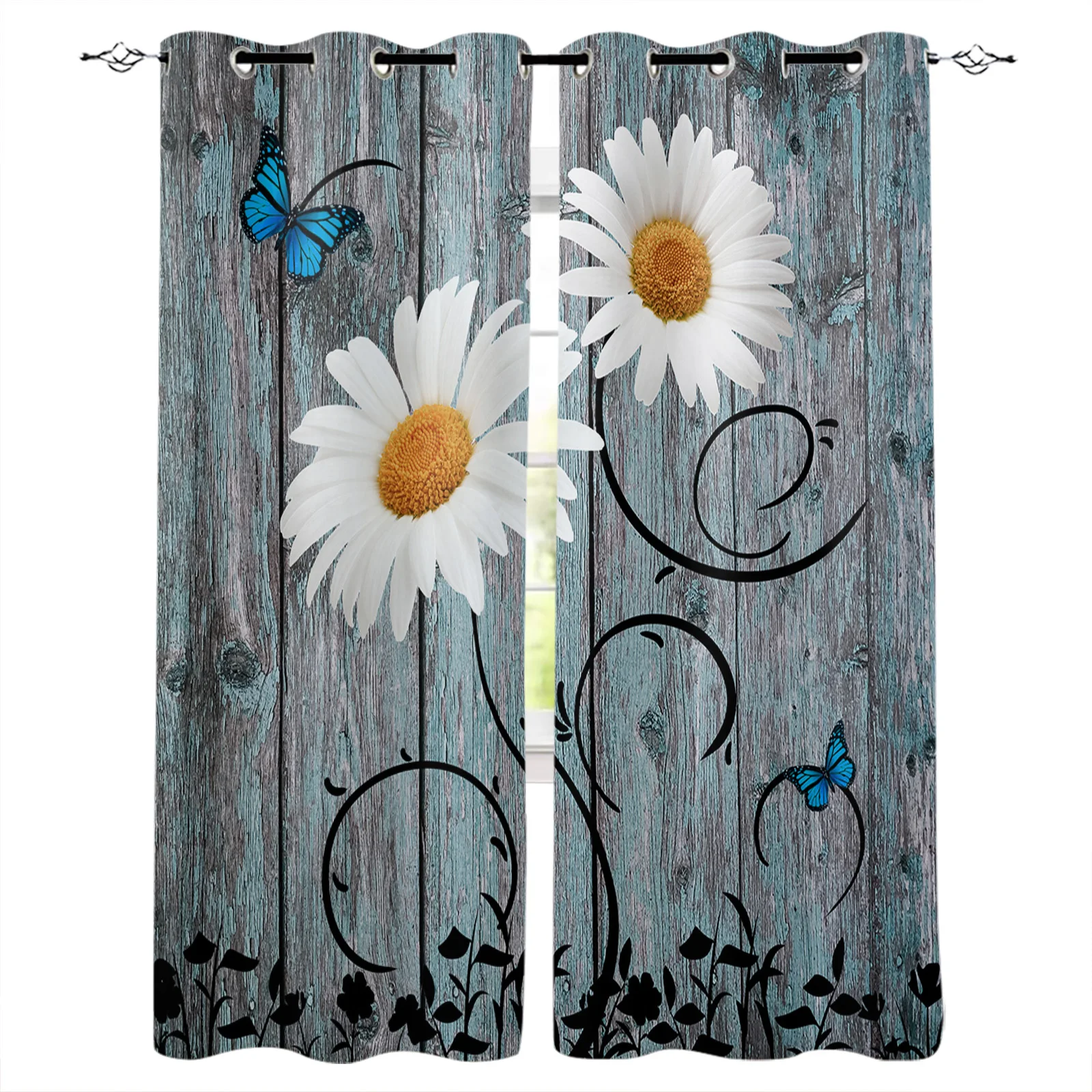 

Daisy Retro Wood Grain Butterfly Curtains for Living Room Kids Bedroom Window Curtain Balcony Hall Custom Drape Long Cortinas