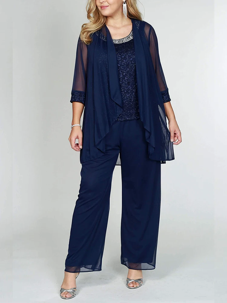 신제품 WMstar 플러스 사이즈 여름 투피스 의상 세트, 싱글 슬리브 크롭탑 및 스커트, 섹시한 도매 직송 8 플러스 사이즈 플로럴 레이스 3/4 소매 솔리드 3 피스 세트, 여성 매칭 세트, 쉬폰, 우아한 루즈핏, 가을 의상