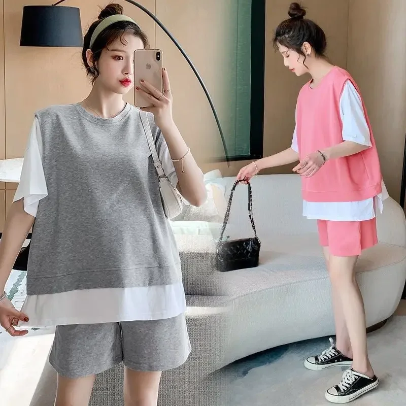 Maternity Summer Short Sleeve T-Shirt Sports Outfit Two-Piece Set Home Clothes Top Belly Support Shorts Set for Pregnant Women