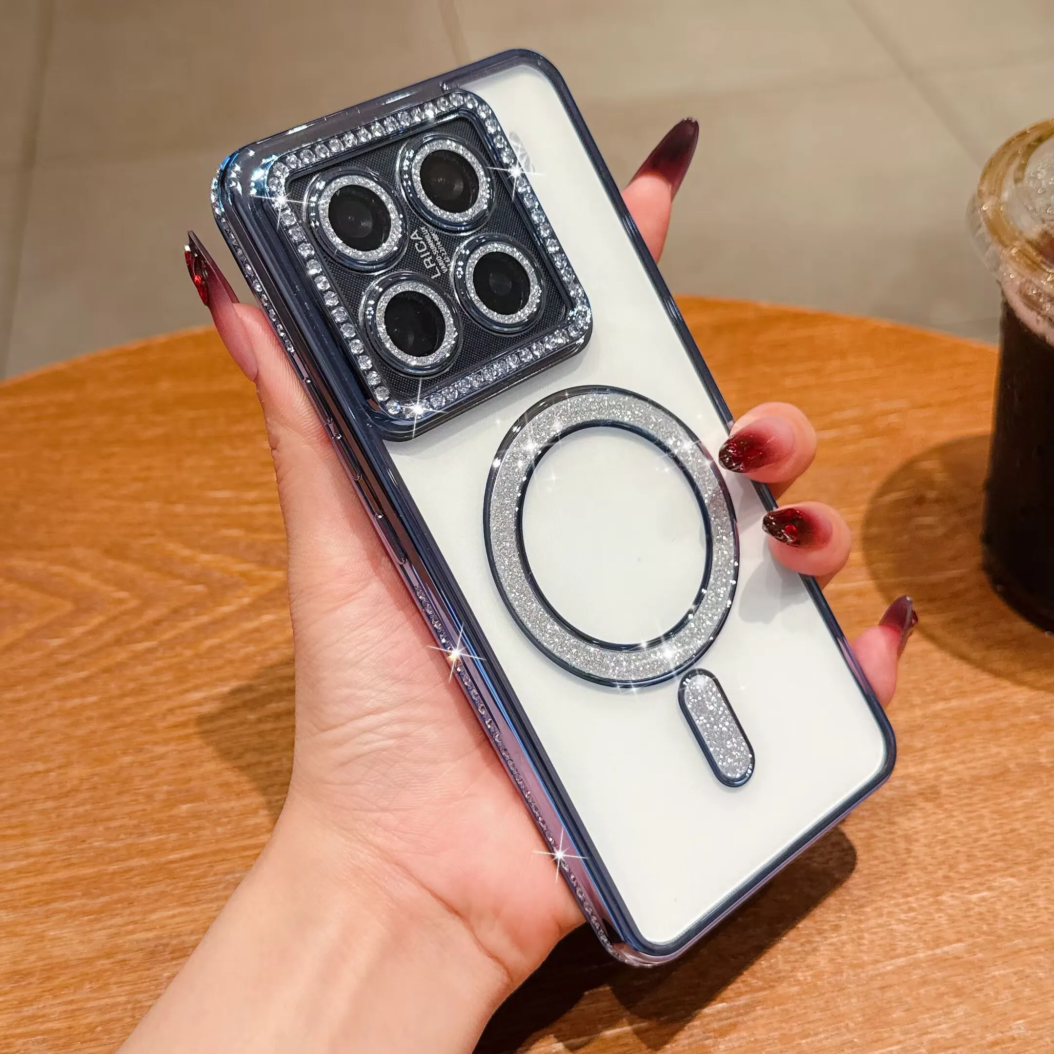 Crystal Clear Bling Magnetic Wireless Charging Phone Case with Lens Film Cover
