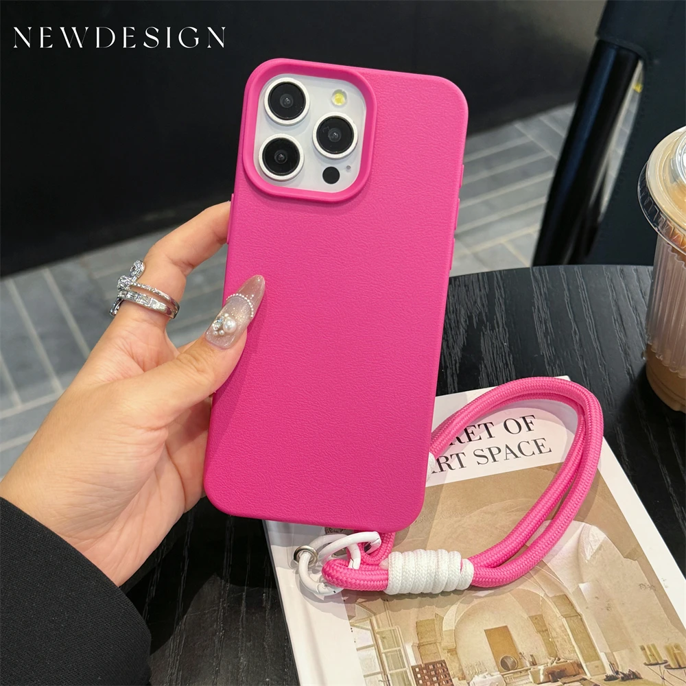 Étui en cuir à texture bonbon mignon et tendance avec dragonne pour iPhone 15 14 11 12 13 16 Pro Max Plus X XR XsMax Couverture de couleur unie_voghion.com