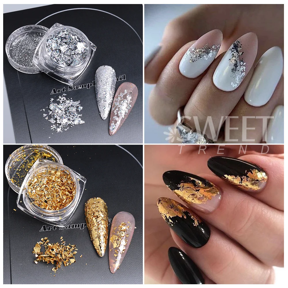 8pcs Rose Gold Silver Black Irregular Foil Paper Fragments Nail Flakes Gold Foils Nail Sequin Sticker Glitter DIY Manicure Decor