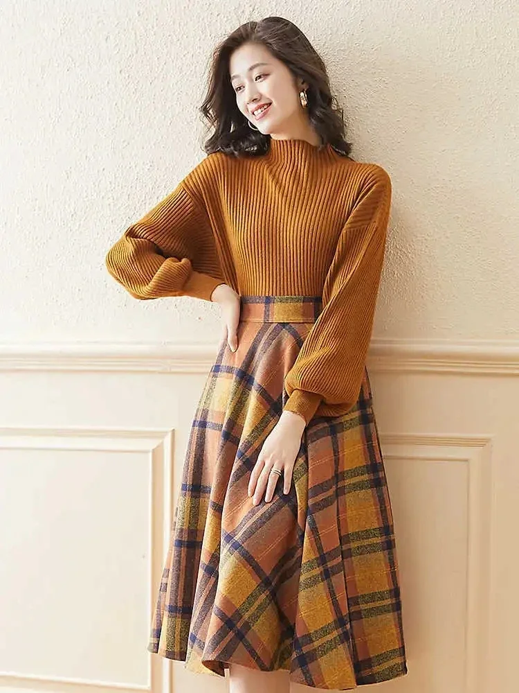 Korean Autumn Retro Sweater Suits Women Elegant Lantern Sleeve Knitted Sweater Pullover and Plaid A-line Skirt Two Pieces Sets