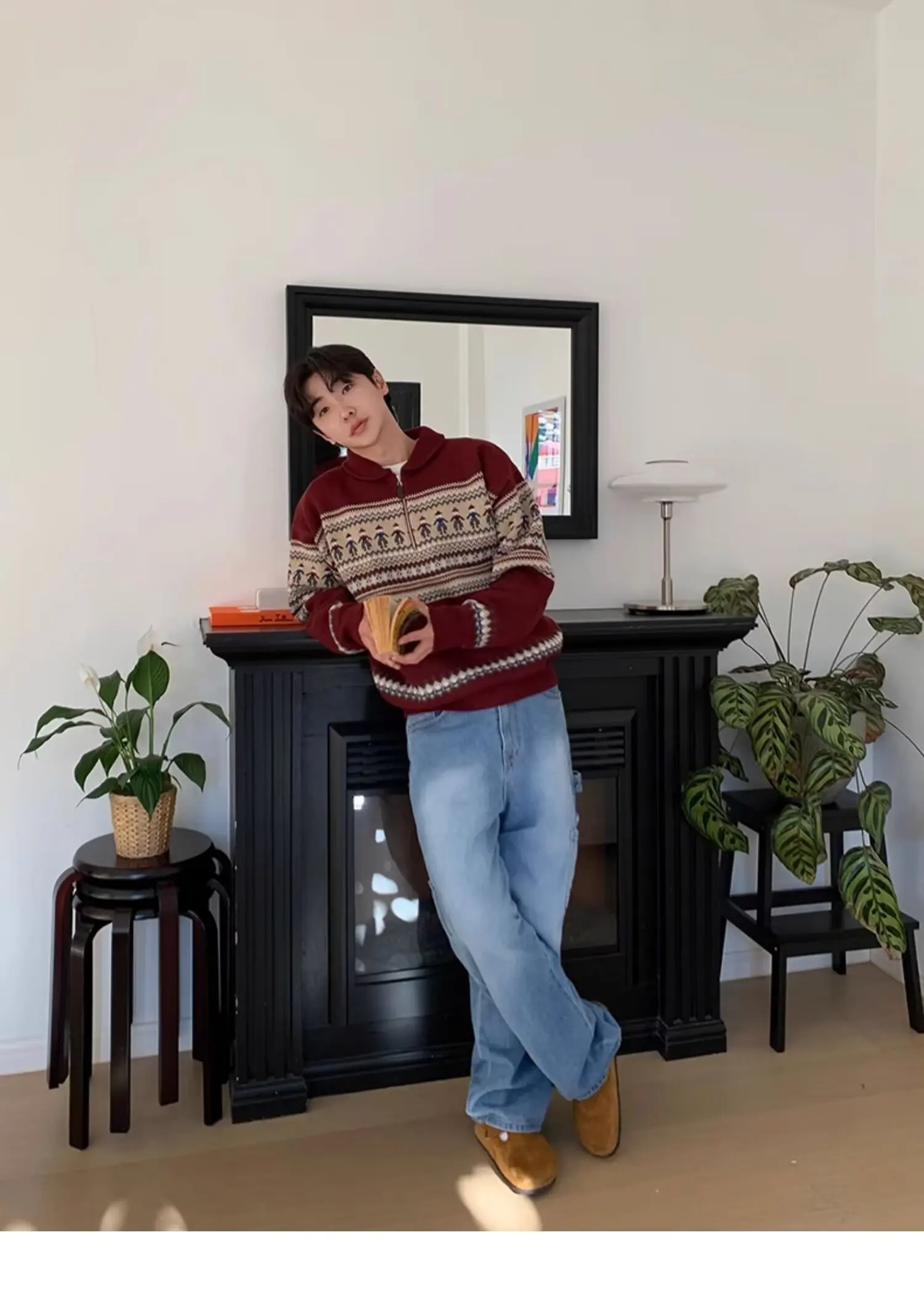 Korean Style Men's Zip up Christmas Y2K Knitwear Pullovers Sweatshirts Striped Knit Turtleneck Sweater For Men Streetwear Jumper