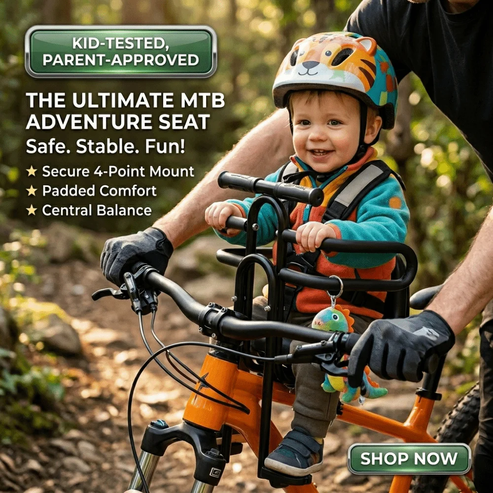 Siège enfant avant pour vélo VTT avec accoudoirs et pédales