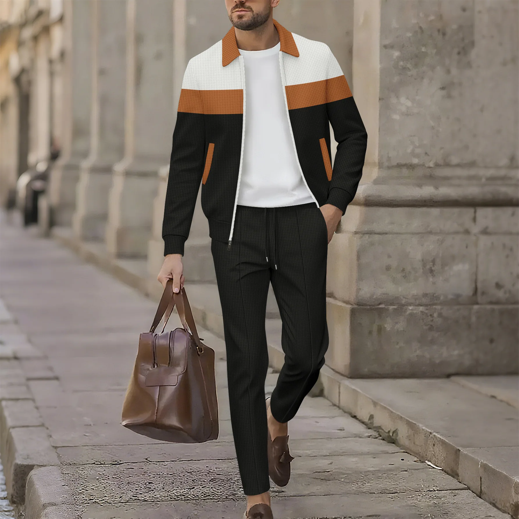 Mens Color Block Collared Jacket Multi Color Striped Zipper Top