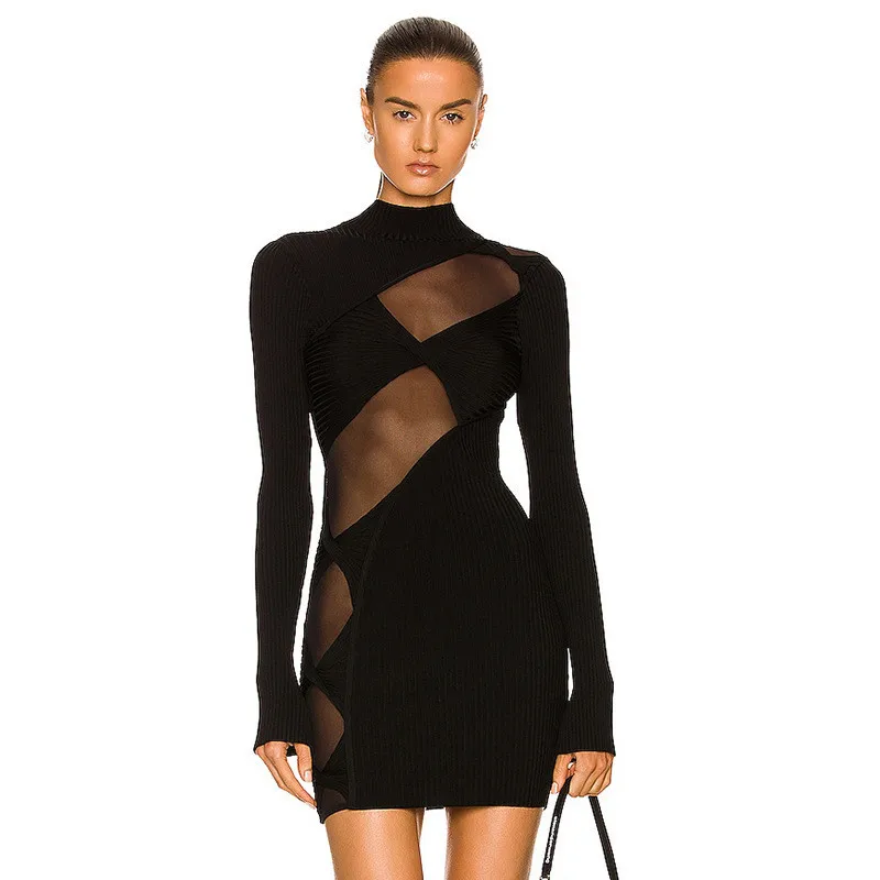 

Long Sleeve Ribbed Knitted Bandage Dress O Neck Mesh Patchwork Mini Women Vestidos Black See Through Party Nightclub Dresses