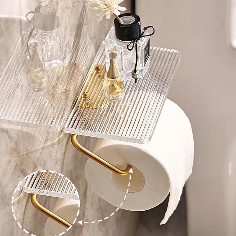 

Toilet Paper Holder With Shelf - Wall Mount Bathroom Paper Roll Holder Rustproof Acrylic Aluminum Toilet Tissue Holder