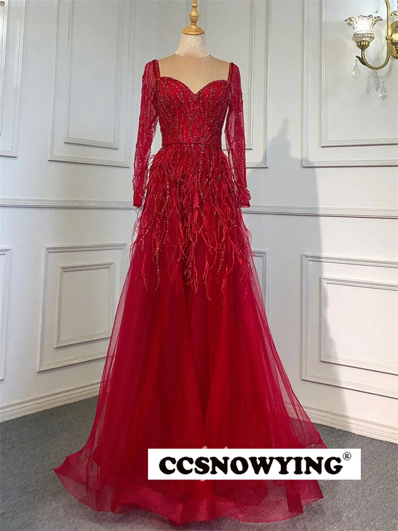 

Burgundy Appliques Beaded Feather Evening Dresses Tulle Long Sleeve Women Formal Party Gown Arabic Dubai Robes De Soirée