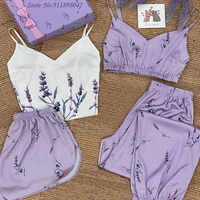 4-pcs Set Sleepwear Women Satin Silk Pajamas Set Summer V-neck Strap Nightwear Pijama Homewear Fox Animal Flower Print Clothes - Image 2