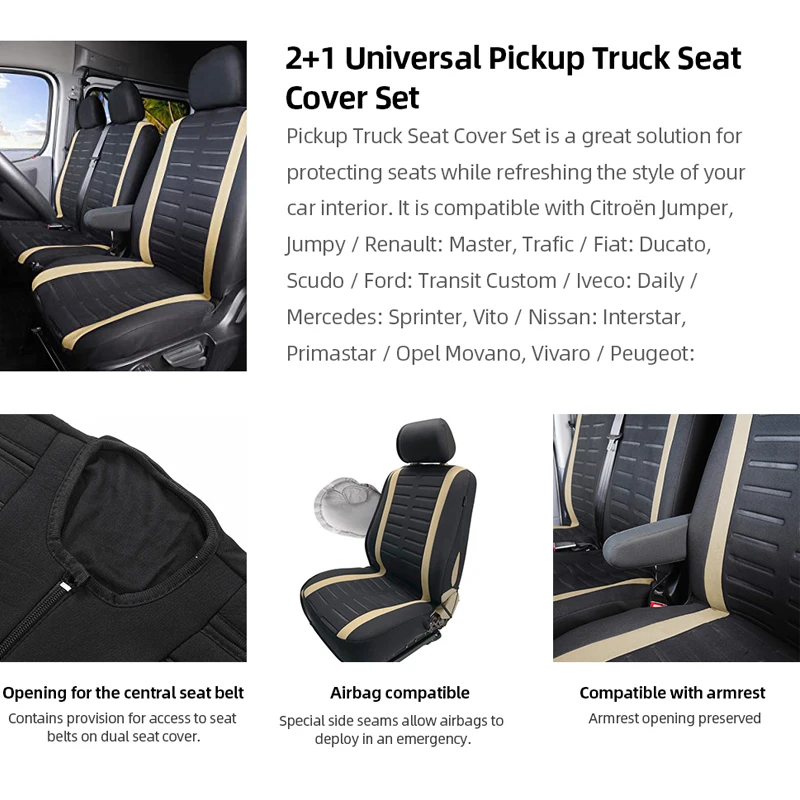 2+1 Van Seat Covers Auto Seat Protector With Airbag Universal For Nissan Primastar For Peugeot Boxer, Expert For Toyota Hiace images - 6